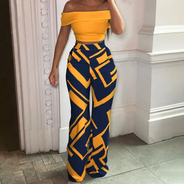 2022 Women's Pants Trousers Fashionable One-word Shoulder Top Wide Leg Pant 2 Piece Pants Set