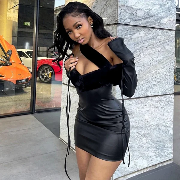 Bomblook D23DS155 Streetwear Outfits Fur Shoulder Women Fall 2023 Pu Leather Party Club Sexy Mini Dress - Image 3