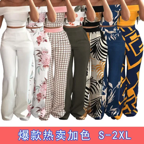 2022 Women's Pants Trousers Fashionable One-word Shoulder Top Wide Leg Pant 2 Piece Pants Set - Image 2