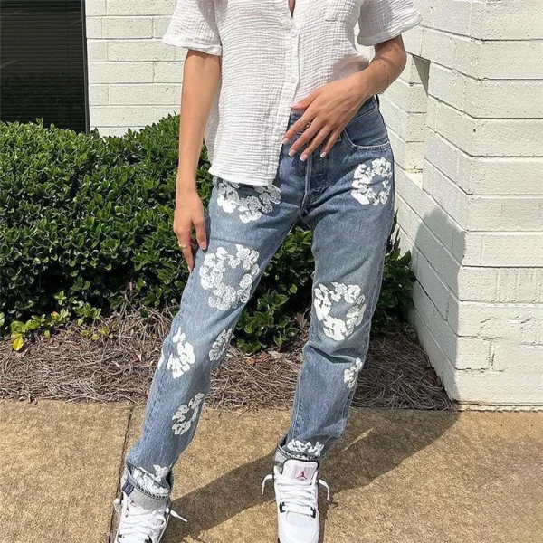Bomblook QWPT17 Fall Flower Print Jeans Baggy Pants Women High Waist Fashion Pockets Pants Female Streetwear - Image 3