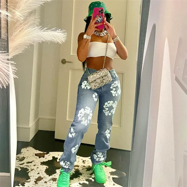 Bomblook QWPT17 Fall Flower Print Jeans Baggy Pants Women High Waist Fashion Pockets Pants Female Streetwear