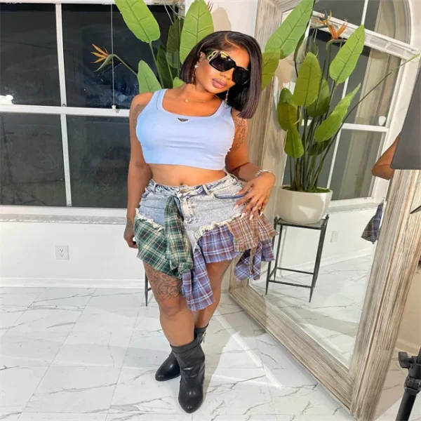 Cutenova 23SK0719 Summer 2023 Putchwork Irregular Denim Mini  Ladies Short Jeans Skirt Plus Size Women's Skirt - Image 4