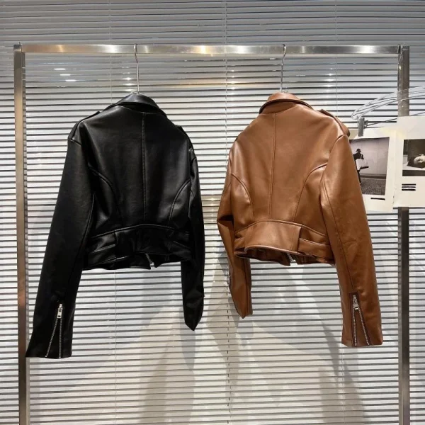 OUDINA New Fashion Winter Cropped Zipper Short PU Motorcycle Coat Woman's Leather Jacket - Image 2