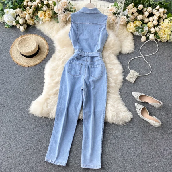 Retro Buckle Ties Waist Straight Wide Leg Pants Denim Jumpsuit - Image 2