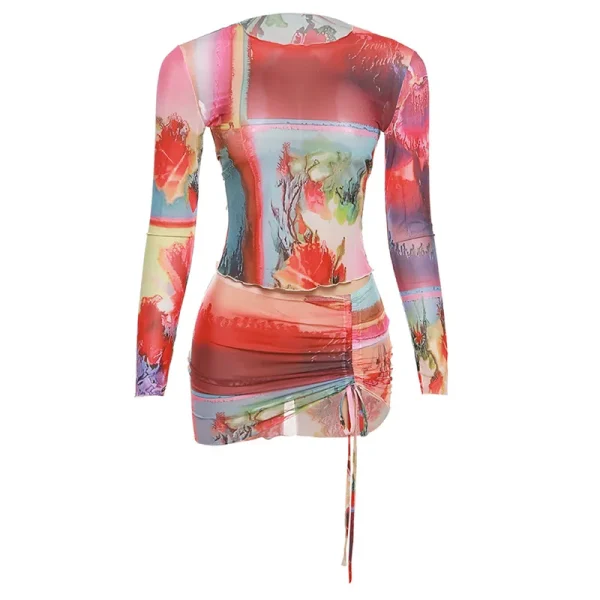 CUTENOVA 23ST092202  Autumn 2023 Sexy Club Printing Mesh Long Sleeve Crop Top And Skirt Two Piece Skirt Set - Image 6