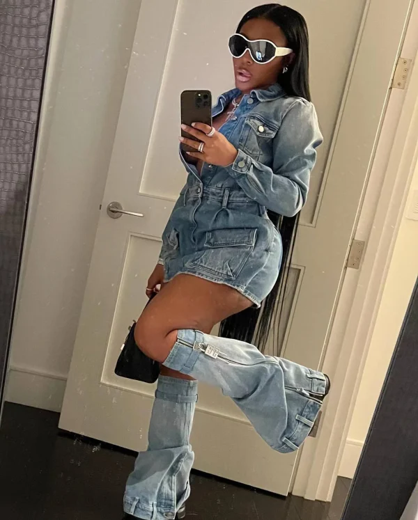 CUTENOVA 23ST100606 Sexy Autumn 2023 New Streetwear Denim Long Sleeve And Mini Skirt With Ankle Socks 2 Piece Skirt Women's Sets - Image 4