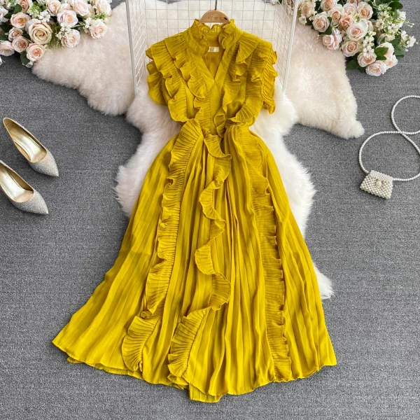 Boutique Wholesale 2023 Summer Premium Light Luxury V-neck Ruffles Waist Slim A-line Pleated Elegant Swing Dress - Image 5