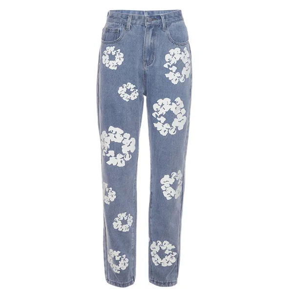 Bomblook QWPT17 Fall Flower Print Jeans Baggy Pants Women High Waist Fashion Pockets Pants Female Streetwear - Image 6