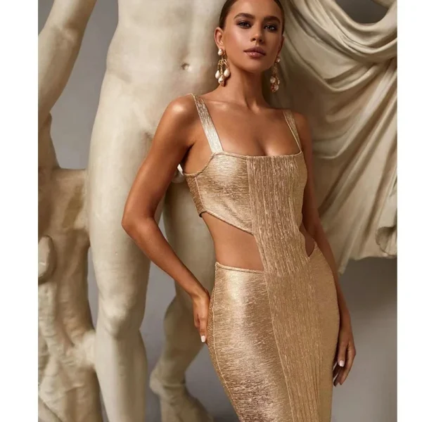 OUDINA New High-quality Luxury Sleeveless Backless Hollow Luxury Party Gold Dresses Dress Bandage - Image 4