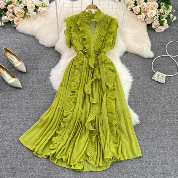 Boutique Wholesale 2023 Summer Premium Light Luxury V-neck Ruffles Waist Slim A-line Pleated Elegant Swing Dress - Image 4