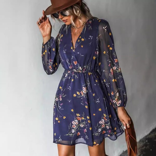 V-neck elegant chiffon printed floral spring see through skirt - Image 2