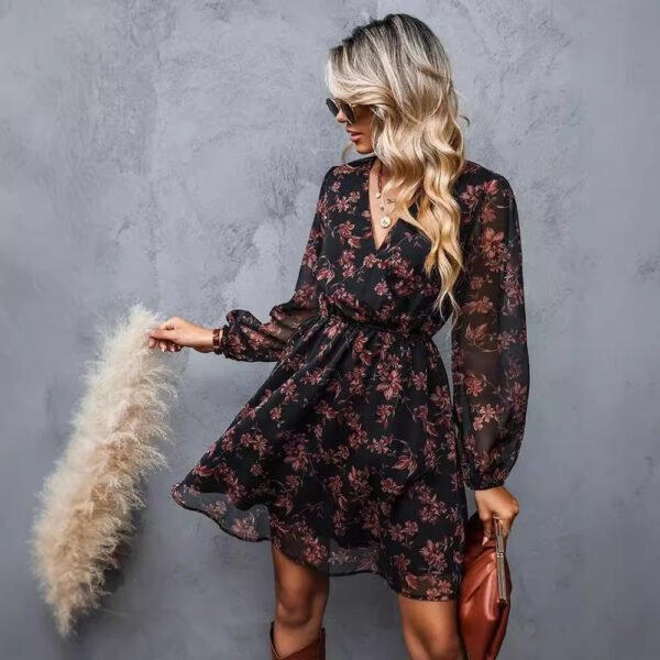 V-neck elegant chiffon printed floral spring see through skirt - Image 3