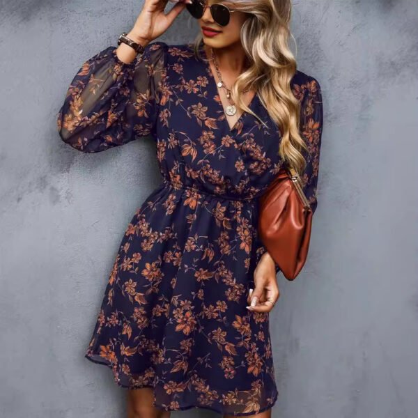 V-neck elegant chiffon printed floral spring see through skirt - Image 4