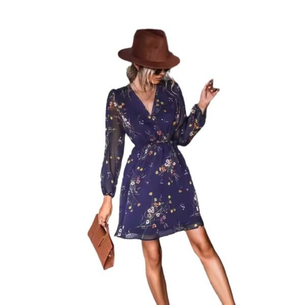 V-neck elegant chiffon printed floral spring see through skirt - Image 5